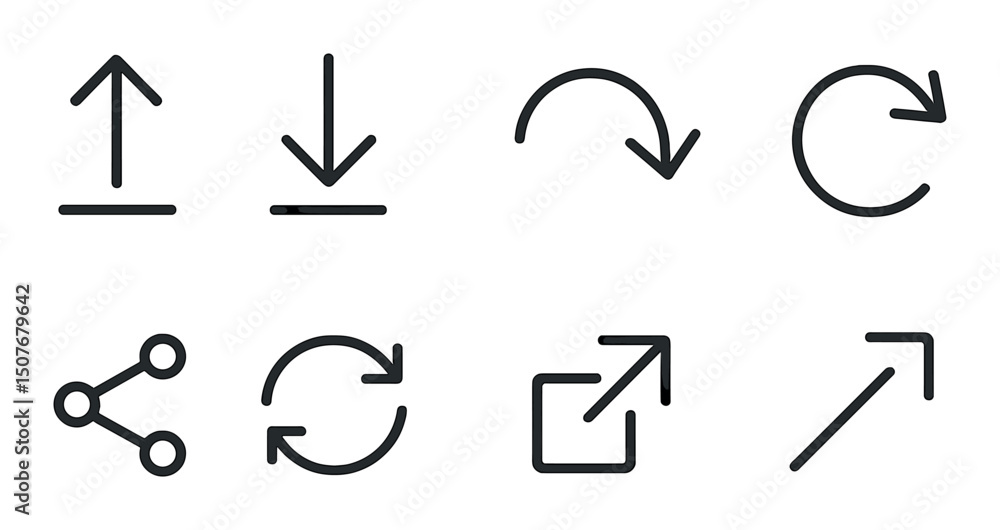 Action arrows icons set – simple outline, navigation and direction symbols Action arrows icons set – simple outline, navigation and direction symbols