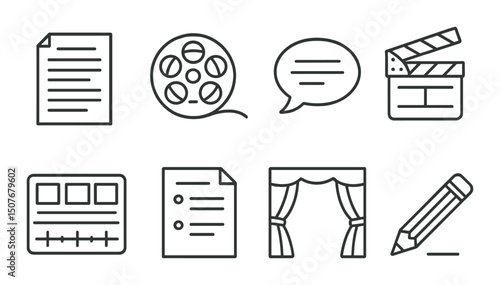 Film script elements outline icons set – linear, screenplay and cinema symbols