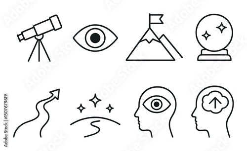Visionary and future linear icons set – outline, foresight and innovation symbols