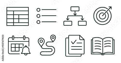 Academic planning line icons set – outline, educational and scheduling symbols