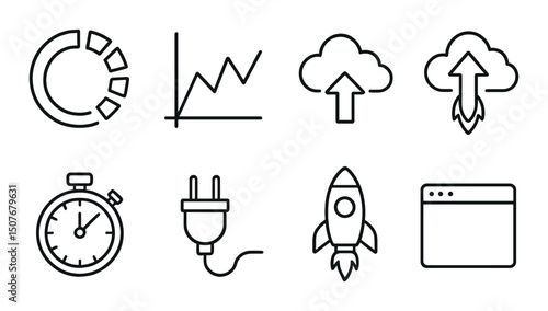 Speed testing outline icons set – simple, performance and efficiency symbols