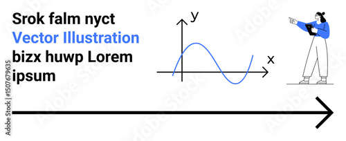 Woman presenting blue sinusoid graph labeled x, y axes, and large arrow. Includes placeholder text. Ideal for education, analytics, strategy, guide, learning visualization simple landing page