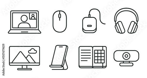Remote work linear icons set – outline, home office and telecommuting symbols