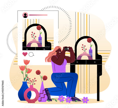 Blogger posts photo. Woman with camera takes photo for social media. Popular blogger and influencer, content creator. Account and blog in social networks. Flat vector illustration