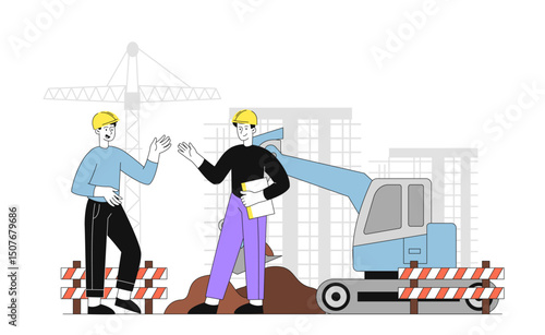Builders on construction site. Two men in construction hats near excavator. Construction and engineering. Safety and protection. Team of architects. Linear vector illustration