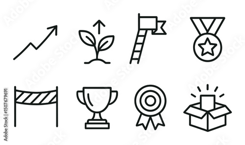 Motivational line icons set – outline, achievement and success symbols