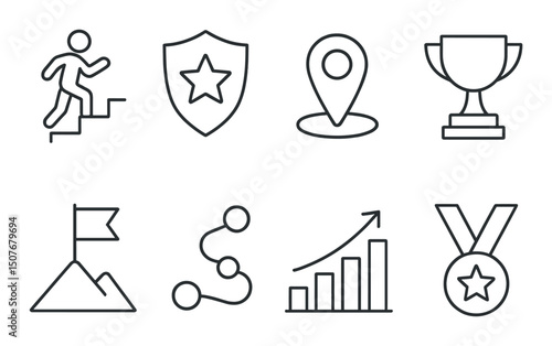 Achievement outline icons set – silhouette, trophy and success symbols for goals