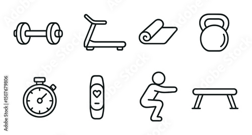 Fitness equipment outline icons set – gym, exercise and workout tool symbols
