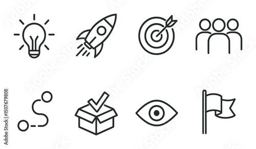 Startup goals outline icons set – target, achievement and growth design symbols