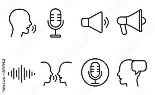 Verbal communication outline icons set – speech, dialogue and conversation symbols