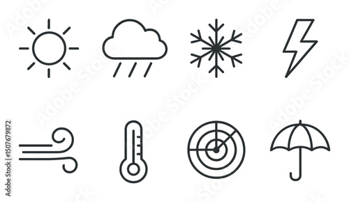 Weather linear icons set – outline, climate, and meteorology symbols collection