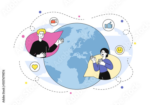 Global communication concept. Man and woman on world map. Remote communication and interaction. People chat in social networks and messengers. Online dialogue. Flat vector illustration