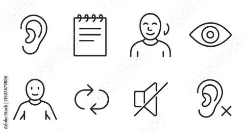 Active listening linear icons set – outline, communication and engagement symbols