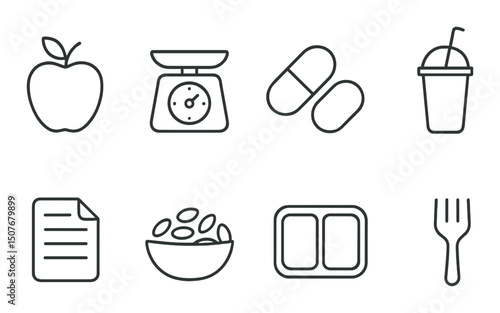 Nutrition and wellness linear icons set – outline, health and diet symbols