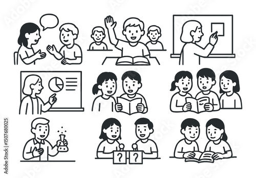 Classroom activity silhouette icons set – educational, school, teaching symbols