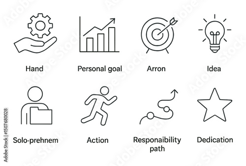Ownership mindset silhouette icons set – responsibility, goals, commitment symbols