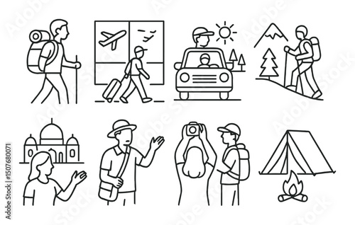 Adventure and travel outline icons set – journey, exploration, and hiking symbols