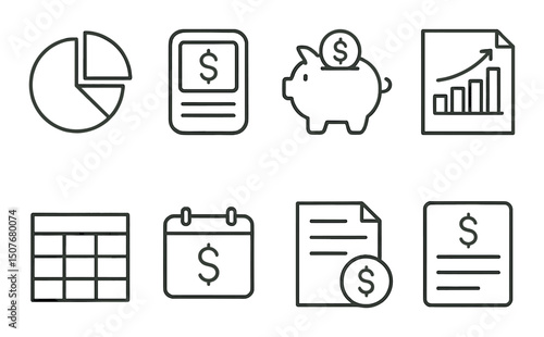 Financial planning outline icons set – budgeting, finance and savings symbols