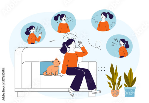 Woman in different emotions. Girl with emotional problems. Frustration and depression, loneliness and sorrow. Mental and psychological disorder. Linear vector illustration