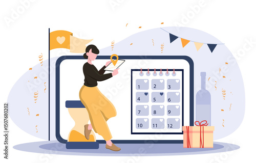 Event manager woman. Young girl near calendar. Party planning and organization. Wedding, birthday or Christmas. Holiday and festival celebration. Flat vector illustration