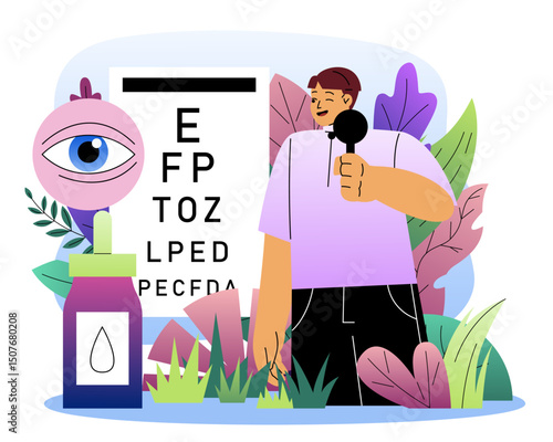 Man with eyesight test. Young guy near eye drops and letters. Healthcare and medicine. Ophthalmology and optometrist. Vision correction. Flat vector illustration
