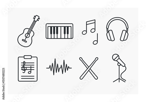 Music and instruments outline icons set – sound, melody and rhythm symbols