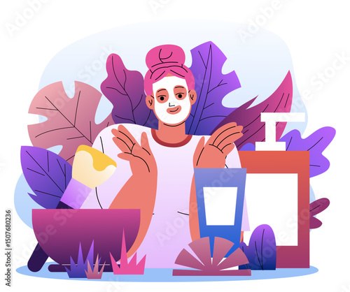 Woman with cosmetic face mask. Young girl near cosmetic products. Skin care and beauty procedures. Lotions, creams and moisturizers. Cosmetology and dermatology. Flat vector illustration