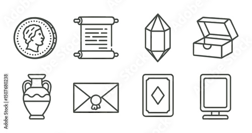 Rare collectibles outline icons set – treasures, artifacts and nostalgia symbols