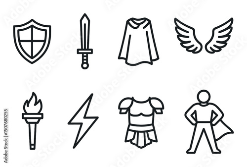 Heroic and fantasy outline icons set – silhouette, adventure, mythical symbols