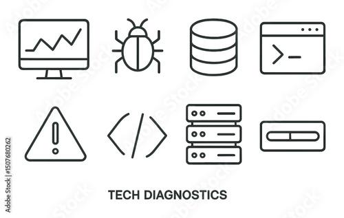 Tech diagnostics linear icons set – simple, outline and troubleshooting symbols