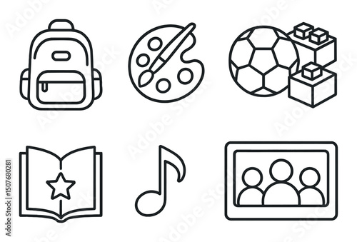 Youth program outline icons set – simple, educational and recreational activity symbols