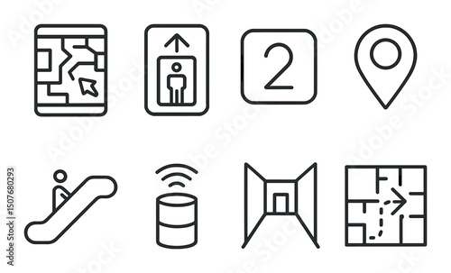 Indoor navigation icons set - outline, wayfinding, directional guidance symbols
