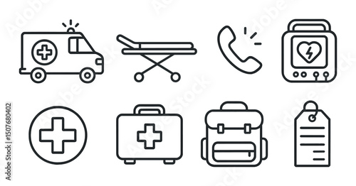 Emergency medical outline icons set – healthcare, paramedic and first aid symbols