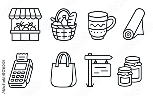 Market and shopping outline icons set – commerce, retail and grocery symbols