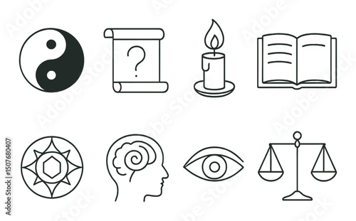 Philosophical outline icons set – linear, wisdom and knowledge symbols for your needs