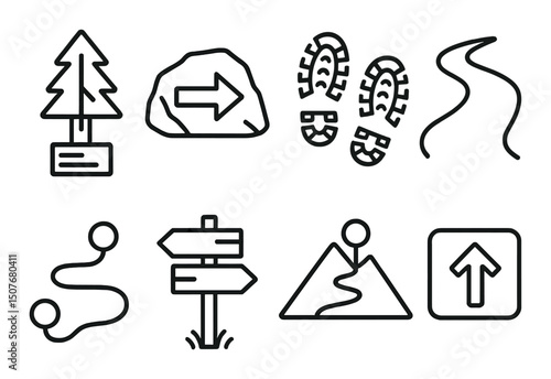 Trail and hiking linear icons set – outline, pathfinding and outdoor exploration symbols