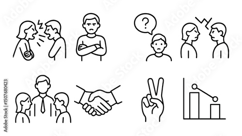 Conflict resolution outline icons set – mediation, peace and negotiation symbols