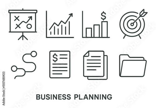 Business strategy outline icons set – linear, planning and management symbols