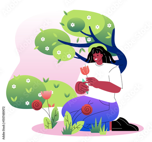 Woman picking up flowers. Young girl with red tulips. Person with bloom and blossoming plants. Relaxation outdoors on spring season. Flat vector illustration