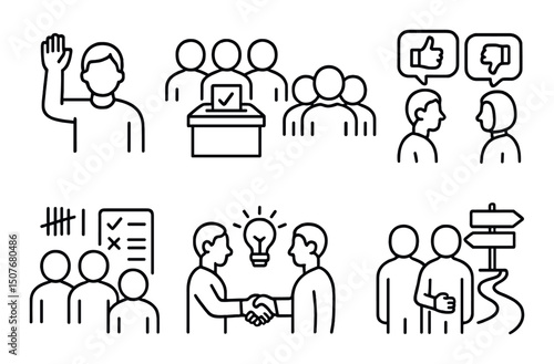 Collaborative decision-making linear icons set – teamwork, communication and consensus symbols