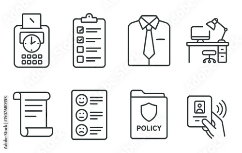 Workplace discipline outline icons set – silhouette, office behavior and conduct symbols