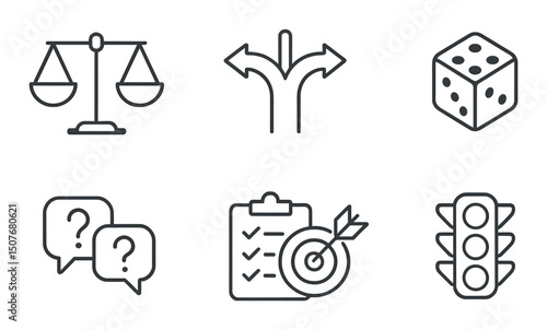 Decision making outline icons set – silhouette, choice and strategy symbols