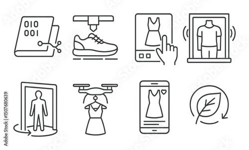 Futuristic fashion outline icons set – silhouette, apparel and style design symbols