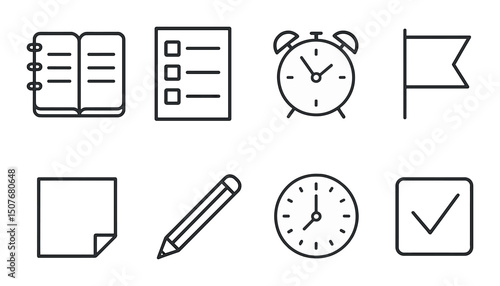 Daily planner outline icons set – linear, schedule and organization symbols for tasks