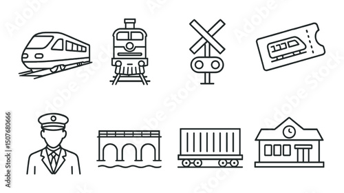 Rail transport silhouette icons set – train, transit essentials and travel equipment symbols