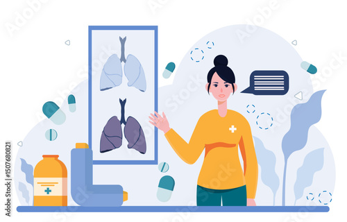 Woman studying lungs. Online pulmonologist service. Young girl near smartphone with sick and healthy lungs. Doctor examines respiratory system. Flat vector illustration