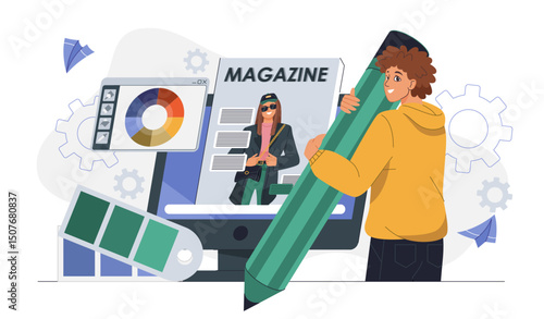 Magazine printing online. Man with pencil near color palette and brochure cover. Fashion and trendy magazine. Designer develops design for journal. Flat vector illustration