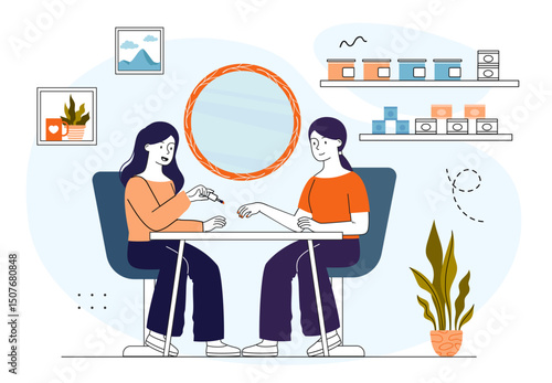Woman in manicure salon. Manicurist paints clients nails. Esthetics and elegance, beauty procedures. Relaxation and wellbeing. Master applying finger polish. Linear vector illustration