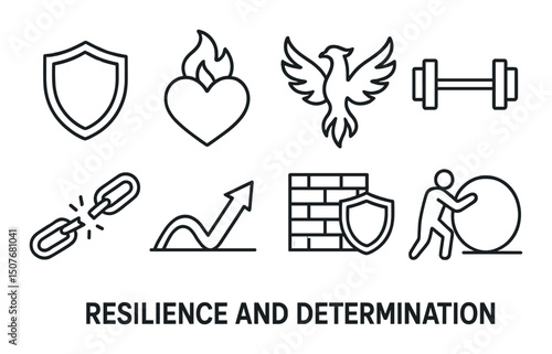Symbols of strength outline icons set – resilience, determination, power elements