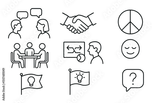 Conflict resolution outline icons set – peace, negotiation, communication symbols